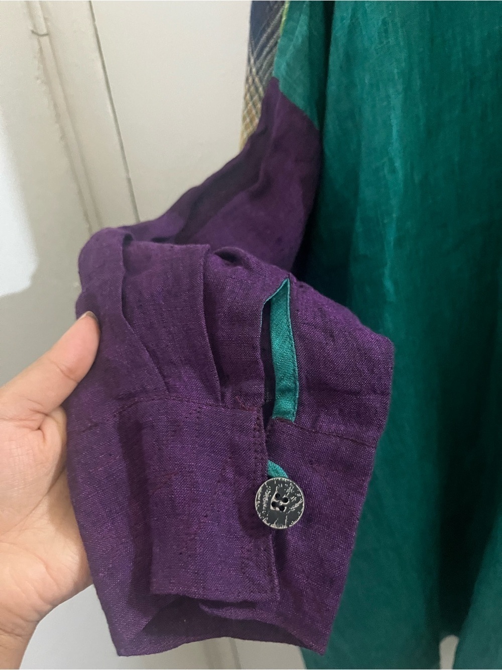 Mara Gibbucci Teal Lightweight Button plaid patch work Front Top - Picture 5 of 7